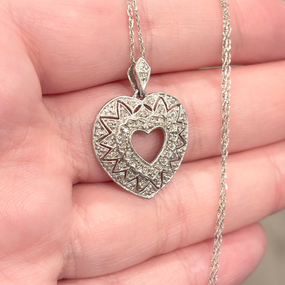 10K Diamond Heart Necklace, Dainty Filigree, Lavalier Style, White Gold, ADL - Picture 5 of 12